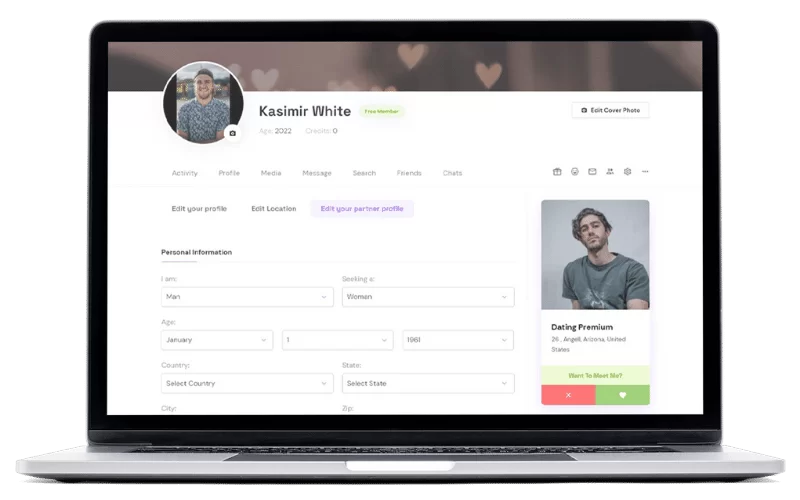 Members that want to register and create a couple’s profile can do so. By selecting a “Couple” as their profile base, it will dynamically create “My Profile” and “Partners Profile” tabs for viewing split couple’s profiles.